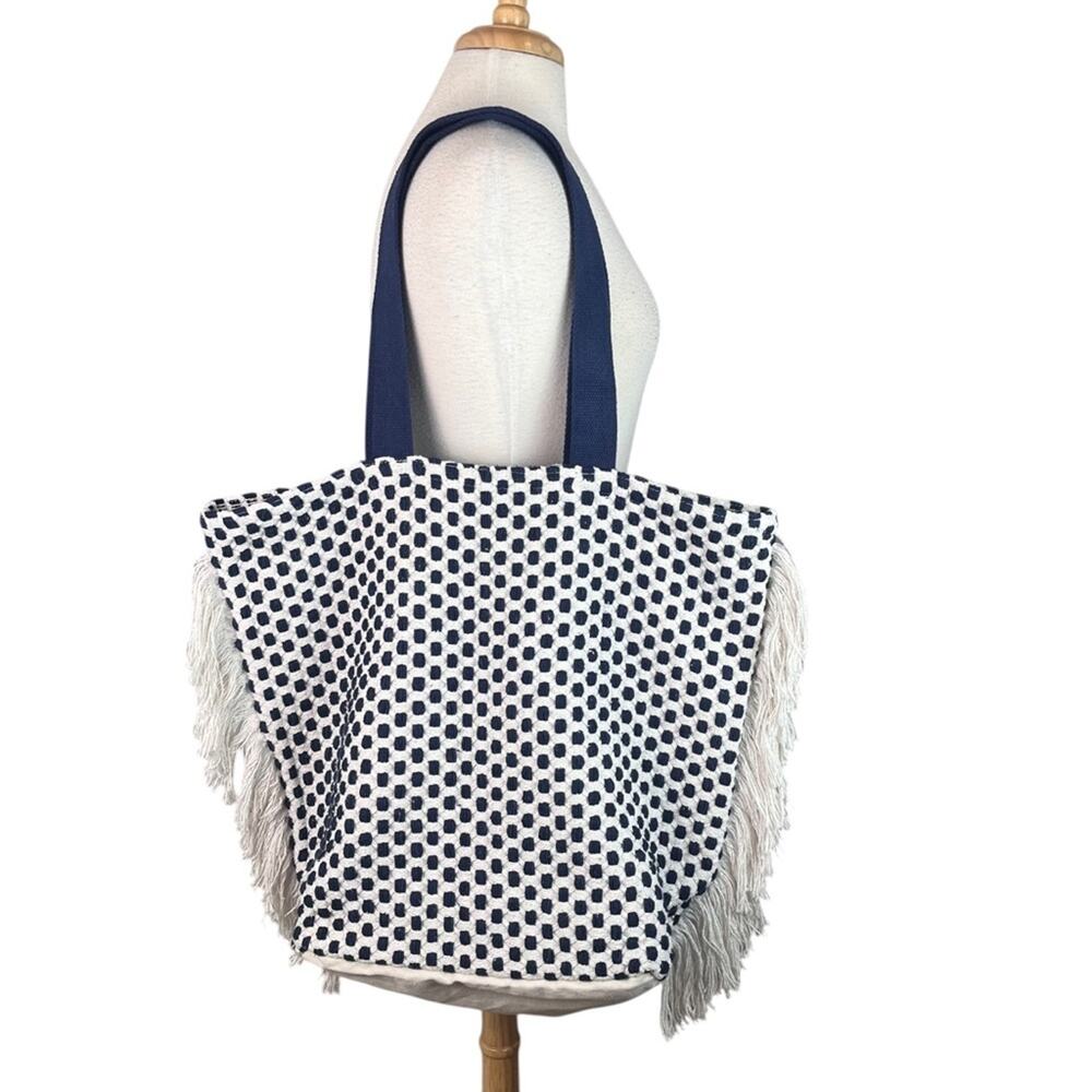 Woven Fringe Trim Tote Beach Bag Shopper Textured Blue White Fall Boho Coastal